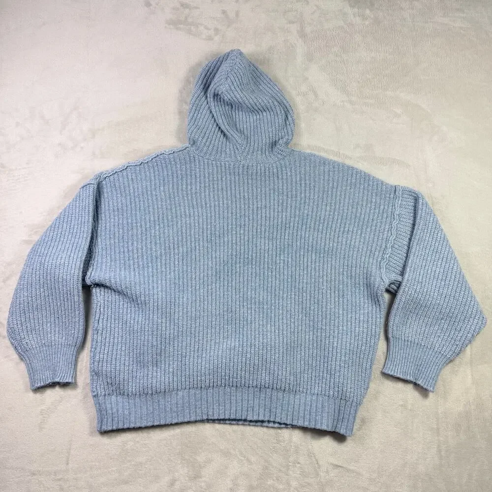 American Eagle Women’s Light Blue Chunky Knit Hooded Sweater Size L Relaxed
